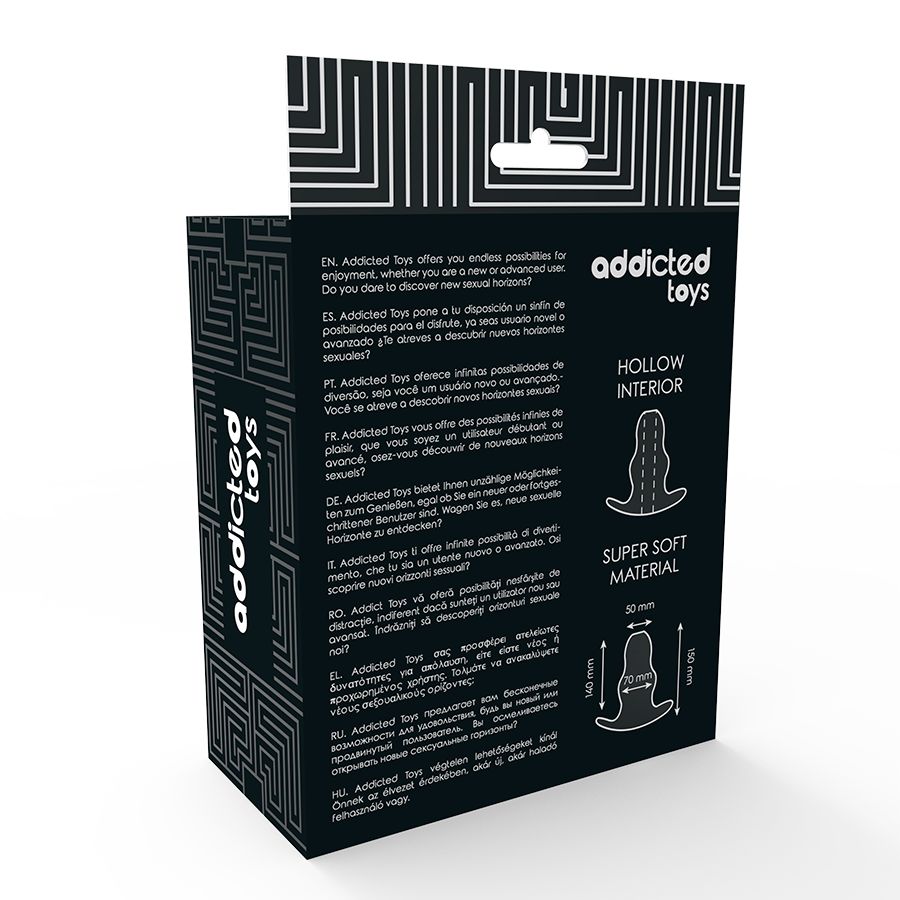 Rückseite der Addicted Toys Verpackung. Text in mehreren Sprachen. Produktabbildung und Maße.