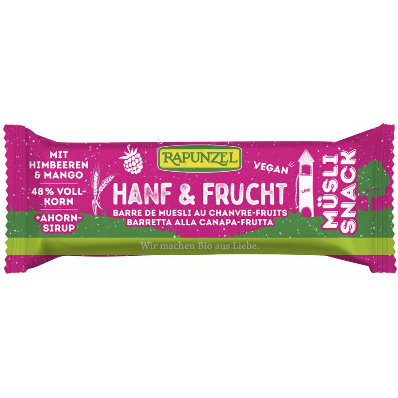Verpackung eines Müsli-Riegels. Rosa-grüne Verpackung mit Aufschrift "Hanf & Frucht". Enthält Himbeeren, Mango, Ahornsirup und 48% Vollkorn.
