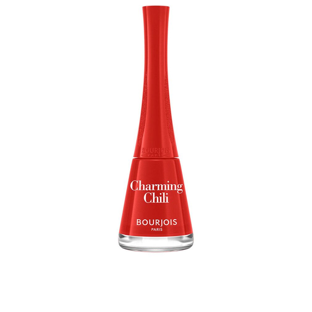 Roter Nagellackflakon. Aufschrift: Charming Chili, Bourjois Paris. Flakon mit rotem Deckel.