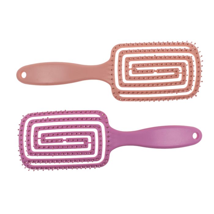 Deux brosses démêlantes flexibles. Une rose et une violette. Tête de brosse carrée avec ouvertures en spirale et picots.