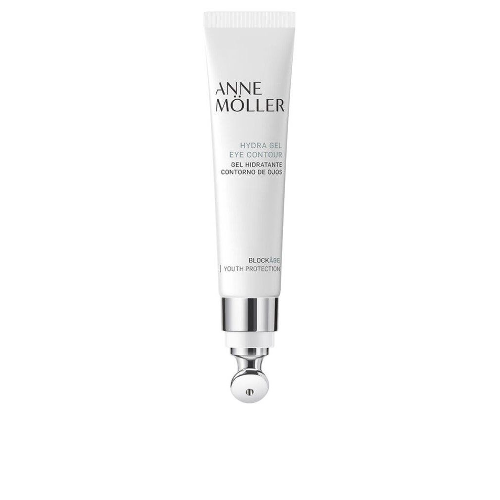 Weiße Tube mit silbernem Applikator. Aufschrift: Anne Möller, Hydra Gel Eye Contour. Mit Roll-on-Kopf.