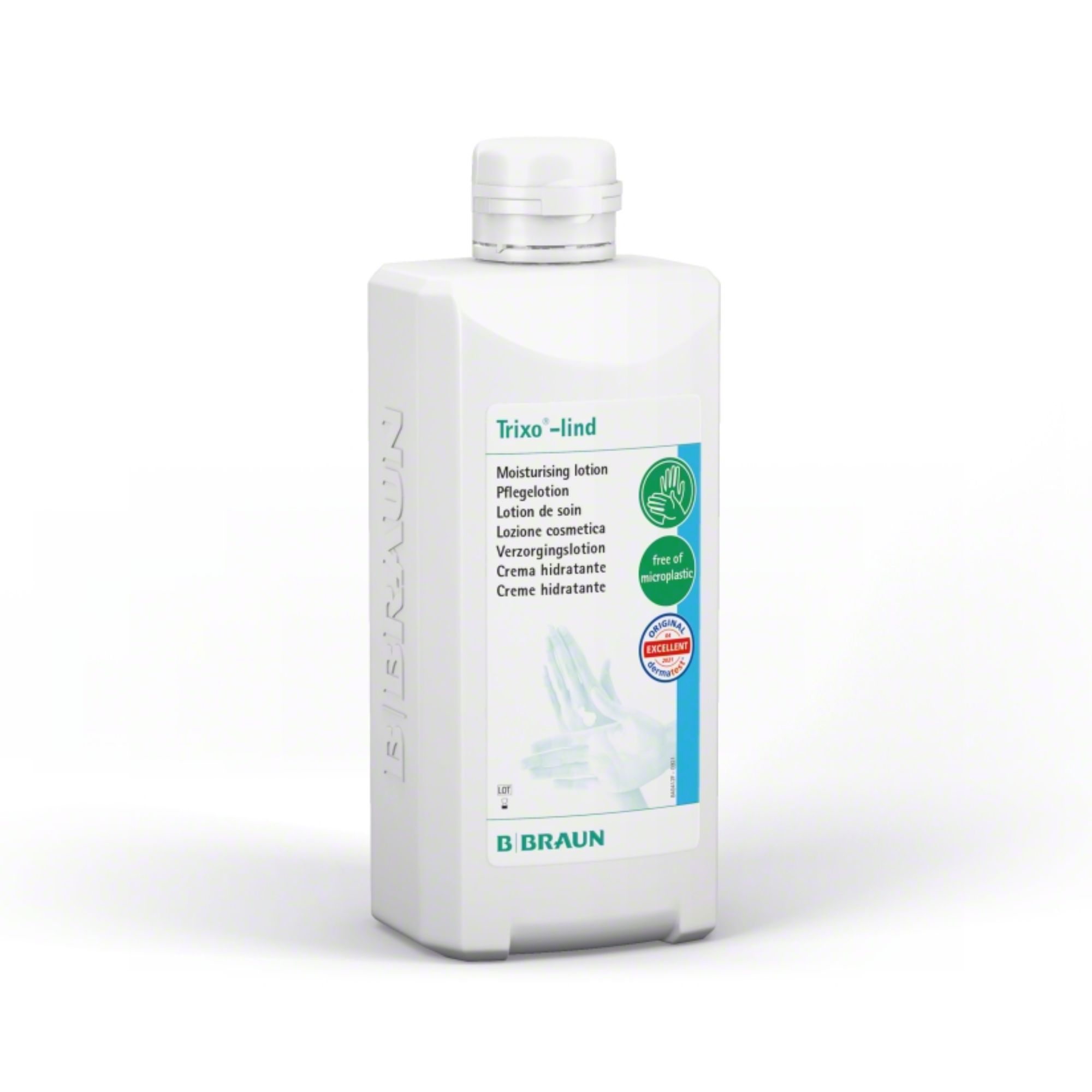 Weiße Spenderflasche mit Schraubverschluss. Aufschrift: Trixo-lind, B. Braun. Enthält Pflegeprodukte. Frei von Mikroplastik.