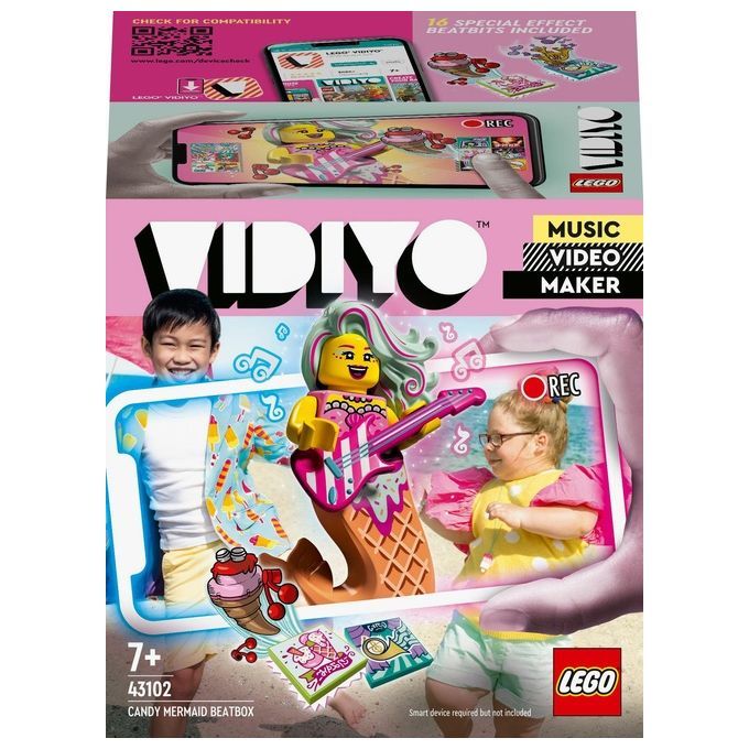 LEGO VIDIYO Candy Mermaid BeatBox. La confezione mostra una figura di sirena che suona la chitarra, circondata da note musicali e un bambino. Il set include BeatBits ed è adatto a bambini dai 7 anni in su. Il logo LEGO è visibile.
