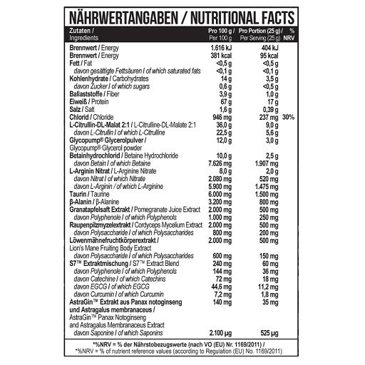 Nährwerttabelle mit Inhaltsstoffen und Nährwerten. Enthält Informationen pro 100g und pro Portion.