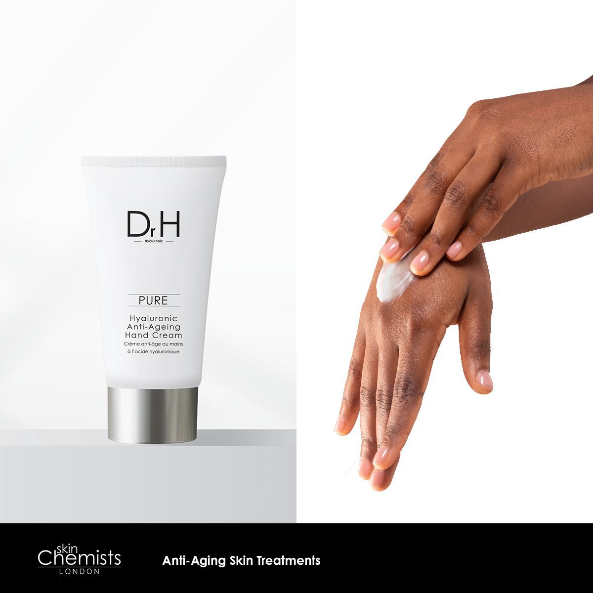 Weiße Tube mit Aufschrift Dr. H, Pure, Hyaluronsäure Anti-Aging Handcreme. Handcreme wird auf die Hand aufgetragen.