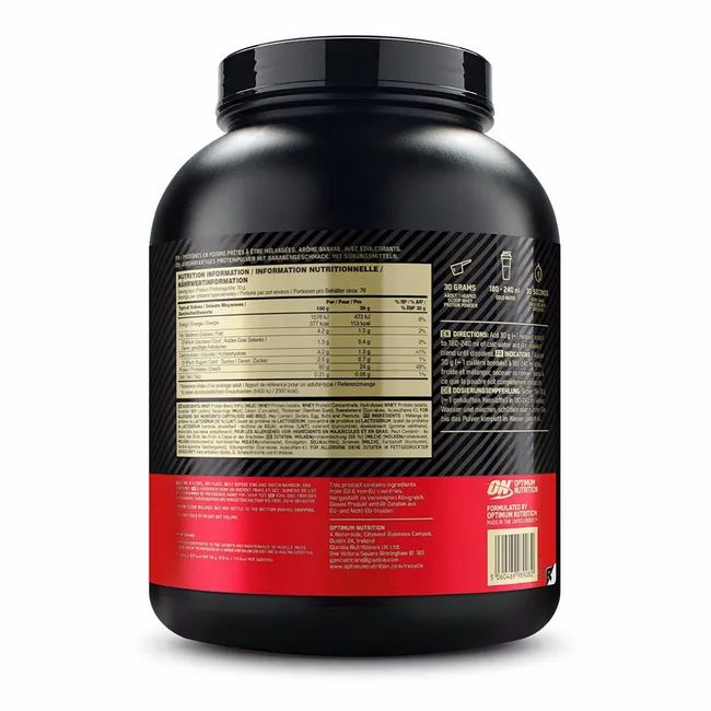 Rückseite eines schwarzen Behälters mit rotem Etikett. Nährwertinformationen. Anweisungen. Optimum Nutrition Logo.