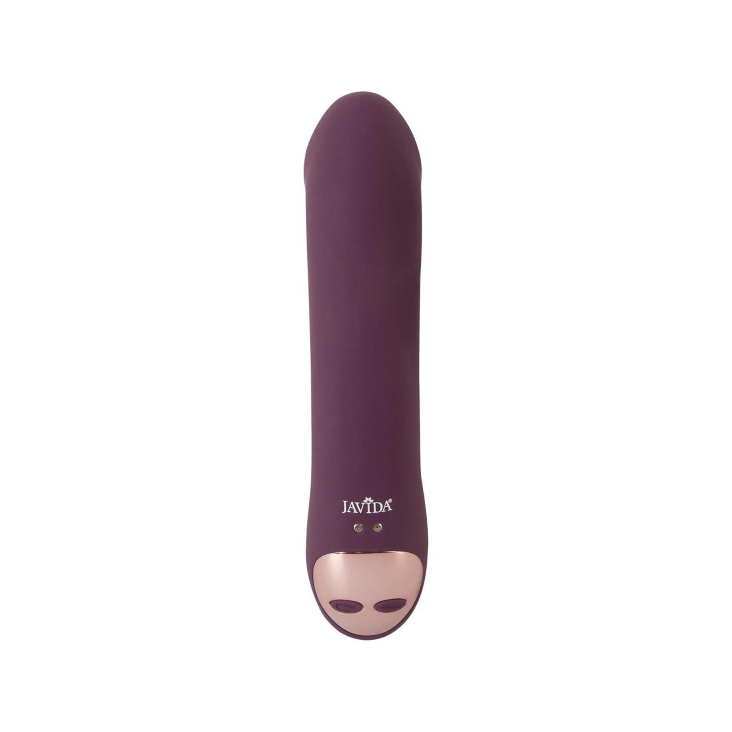 Lila Vibrator mit gerader Form. Mit Stimulator-Aufsatz und goldenem Ring. Marke JAVIDA. Auf weißem Hintergrund.
