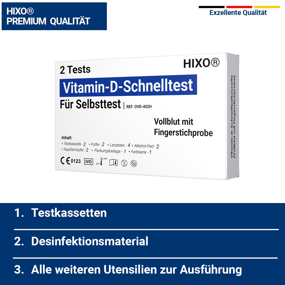Produktverpackung mit Testkassette, Zubehör und Text. Text: 'Vitamin-D-Schnelltest'. Logo: HIXO. Qualitätssiegel.