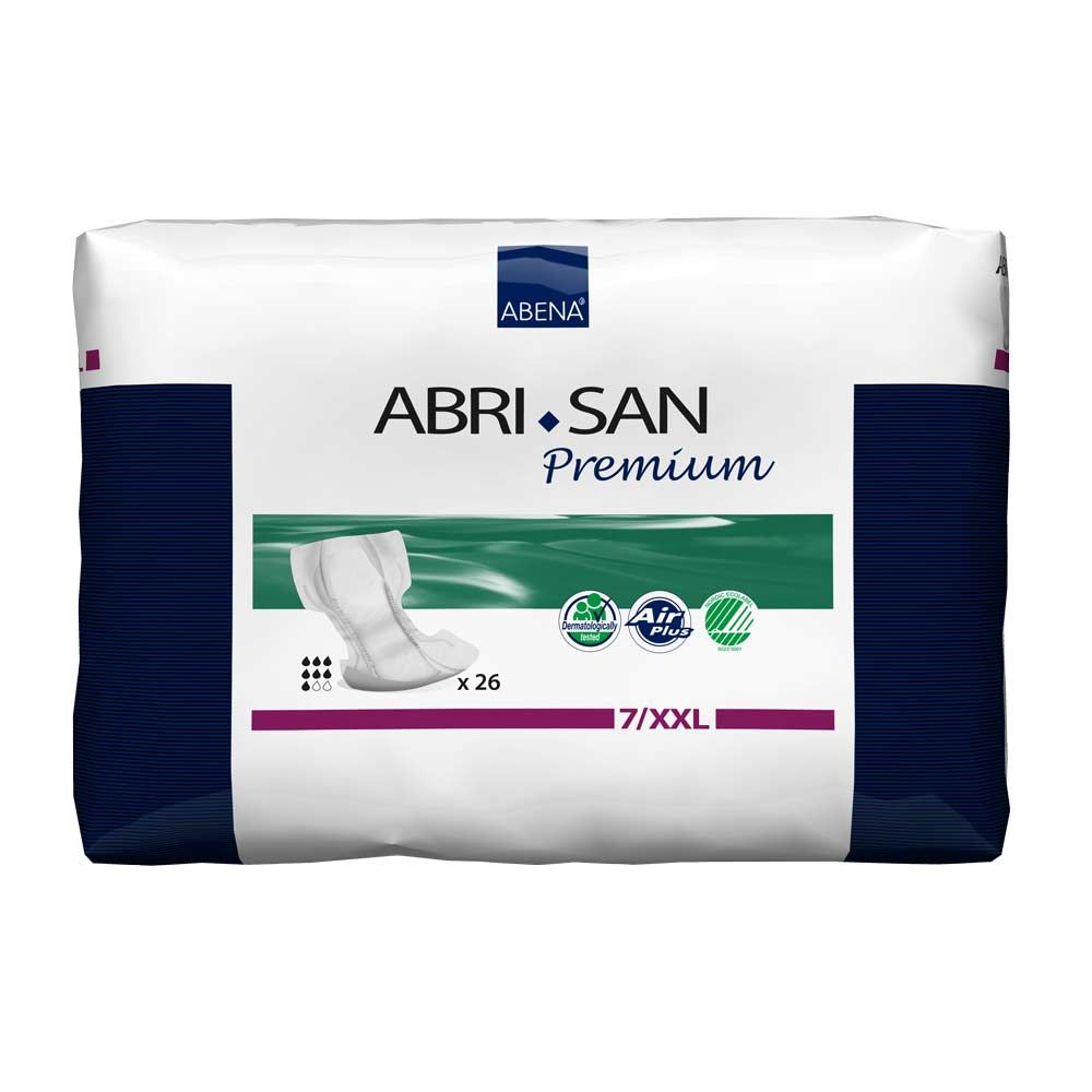 Verpackung Abena Abri-San Premium 7 XXL. Weiß-blaue Verpackung mit Produktabbildung und Text. Enthält 26 Stück.