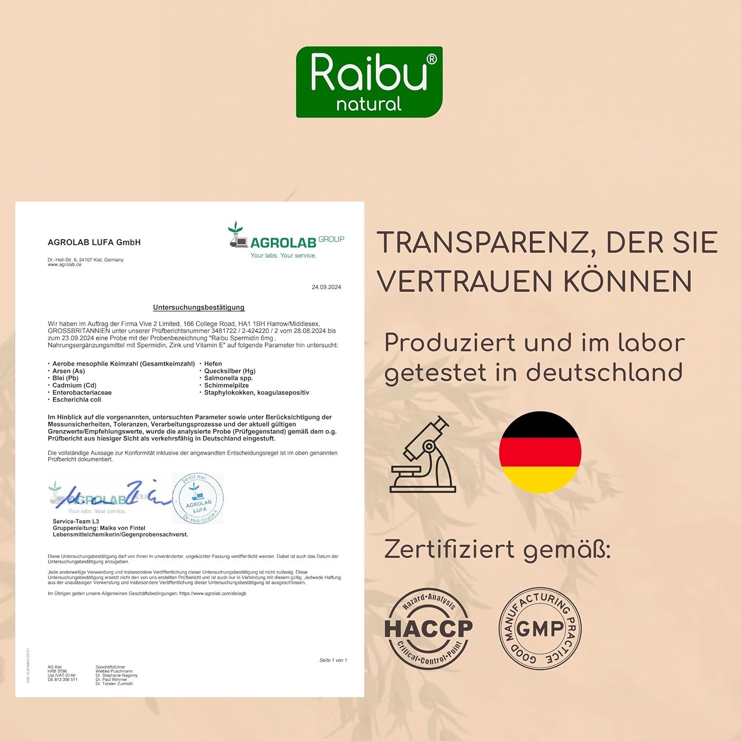 Zertifizierungsdokument. Text: Agrolab, produziert und im Labor getestet in Deutschland. Zertifiziert gemäß HACCP und GMP.
