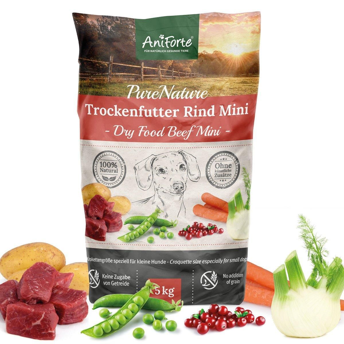 Beutel Trockenfutter Rind Mini. Aufdruck: AniForte, Pure Nature, Trockenfutter Rind Mini, 100% Natural, Ohne Zusätze. Abbildung: Hund, Gemüse, 5 kg.