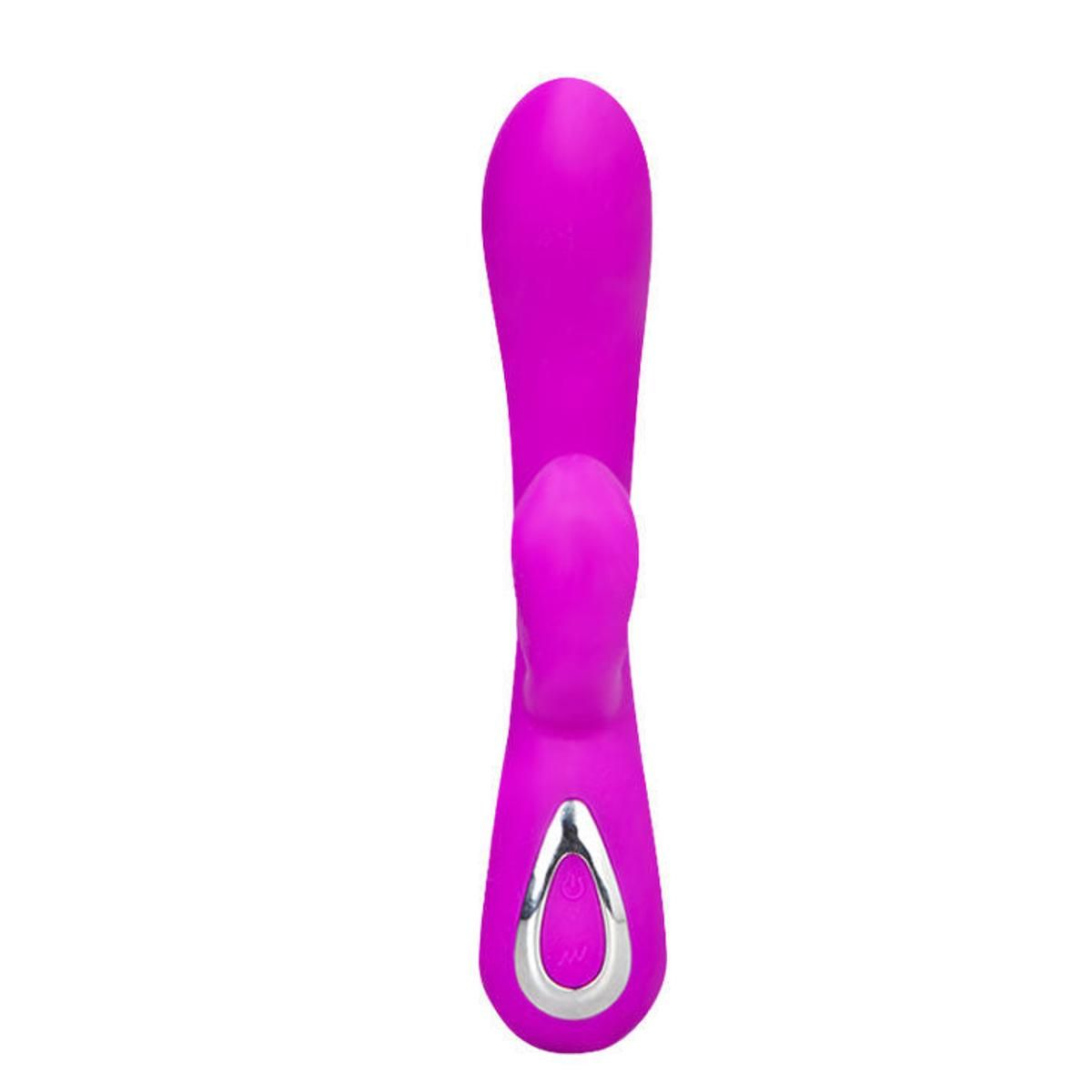 Lila Vibrator mit gebogener Form. Mit einem kleineren, runden Element und einem länglichen Schaft. Silberne Bedienelemente.