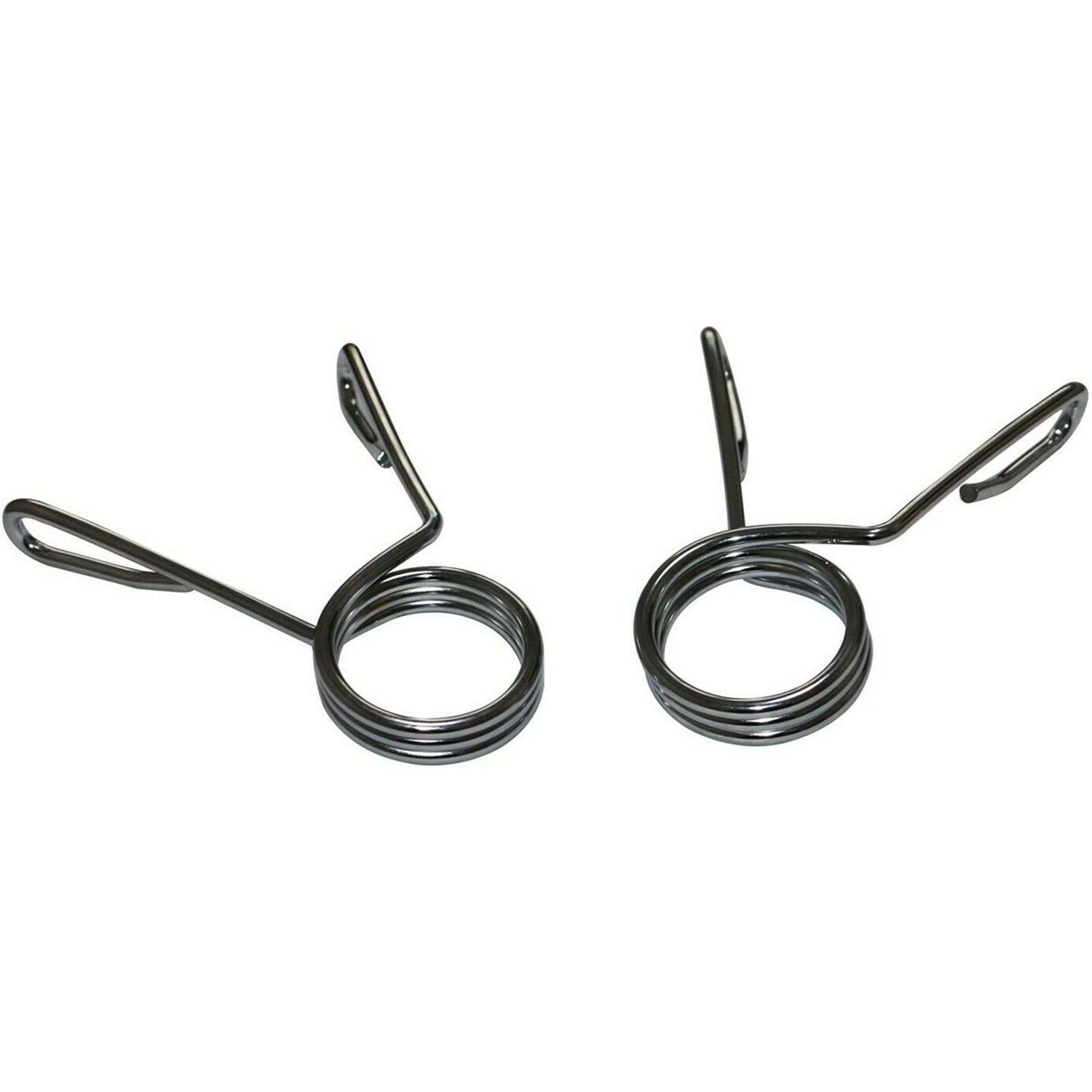 Zwei Federverschlüsse für Hantelstangen. Metall, silberfarben. Spiralförmige Verschlüsse mit Griffen.