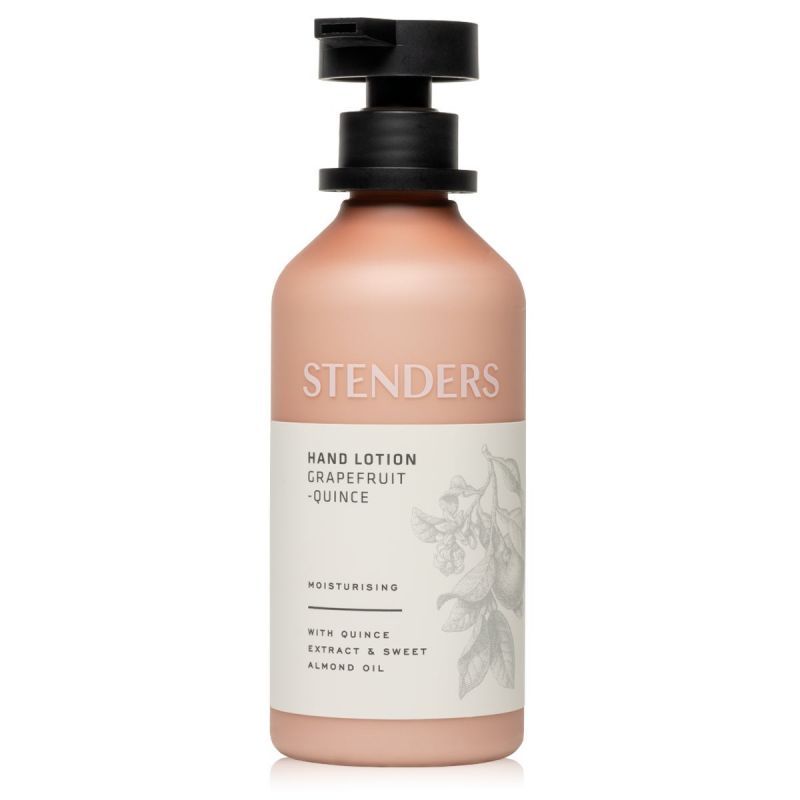 Flasche Handlotion mit schwarzem Pumpkopf. Aufschrift: STENDERS, Hand Lotion Grapefruit-Quitte. Mit Quittenextrakt und Mandelöl.