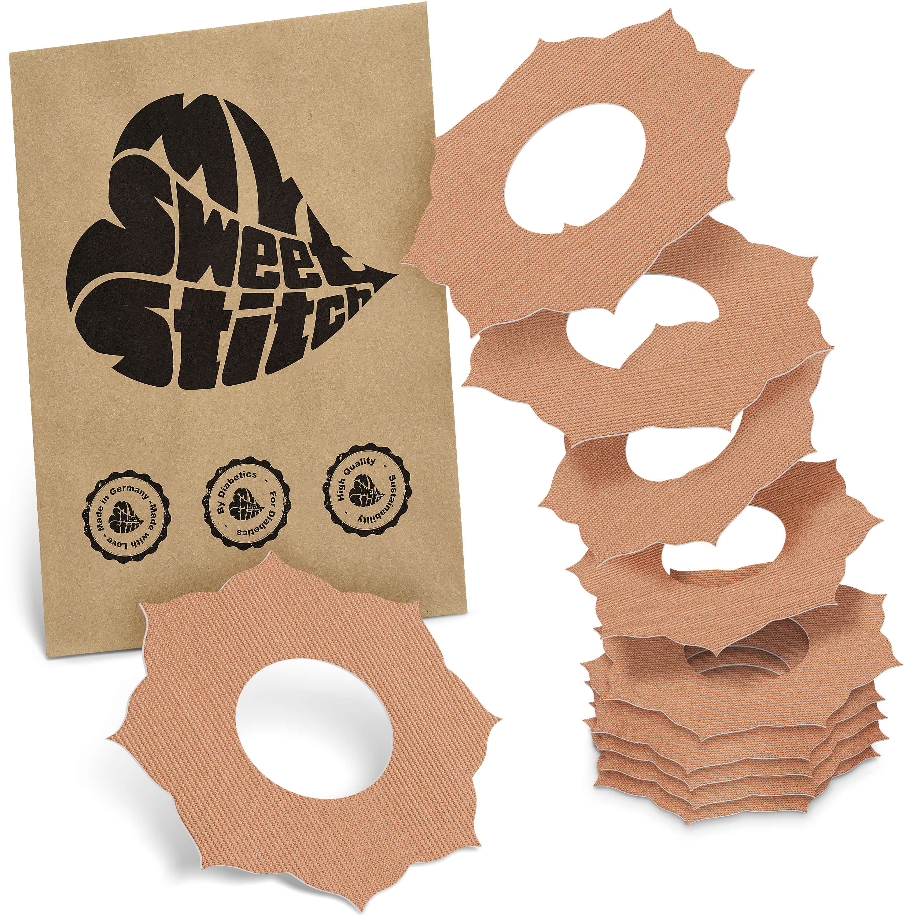 Braune Fixierringe mit welligem Rand und Loch. Neben Packung mit Logo 'MySweetStitch'.