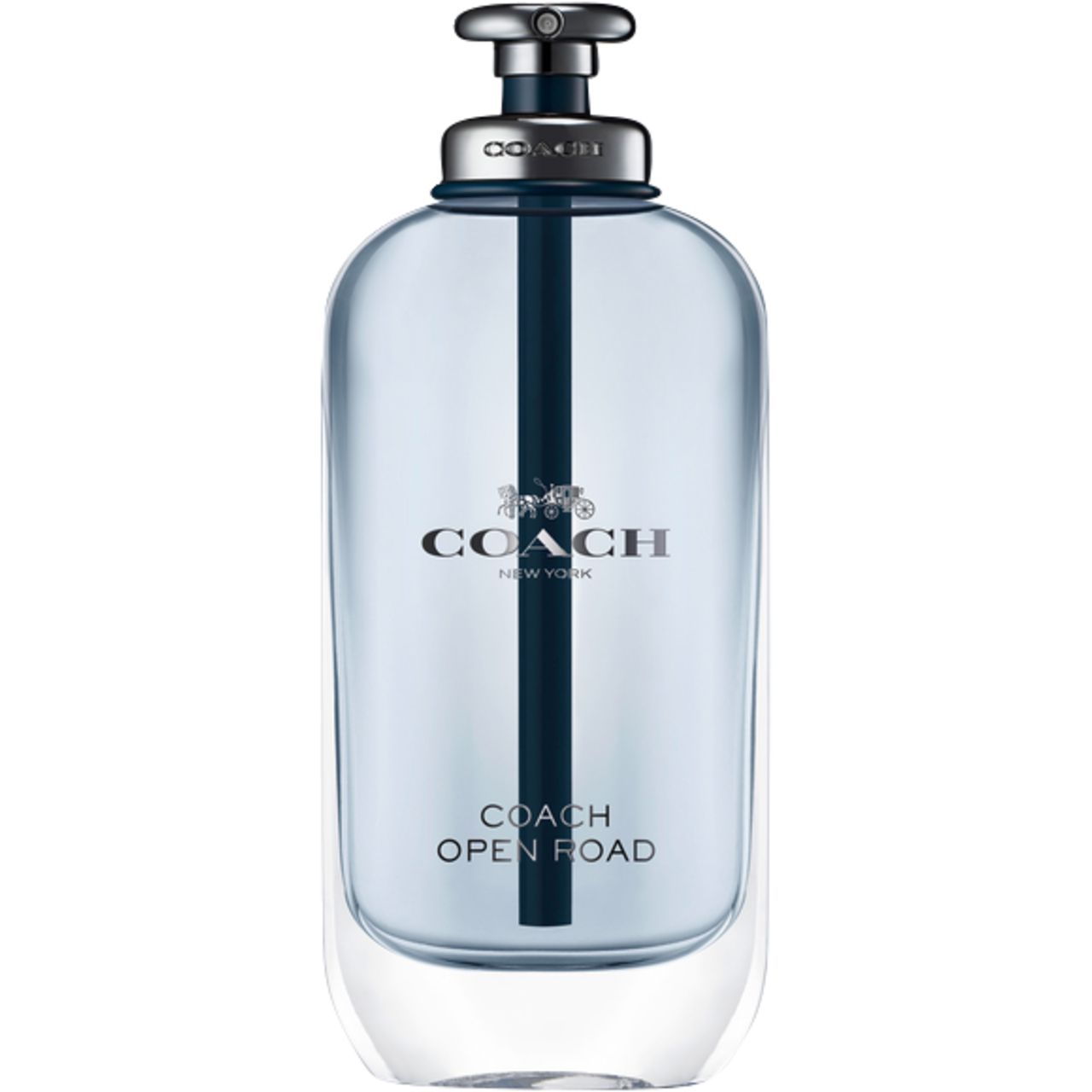 Hellblaues Coach Open Road EdT Nat. Spray. Glasflakon mit silbernem Verschluss. Schwarzer Streifen mittig. Coach-Logo und Schriftzug.