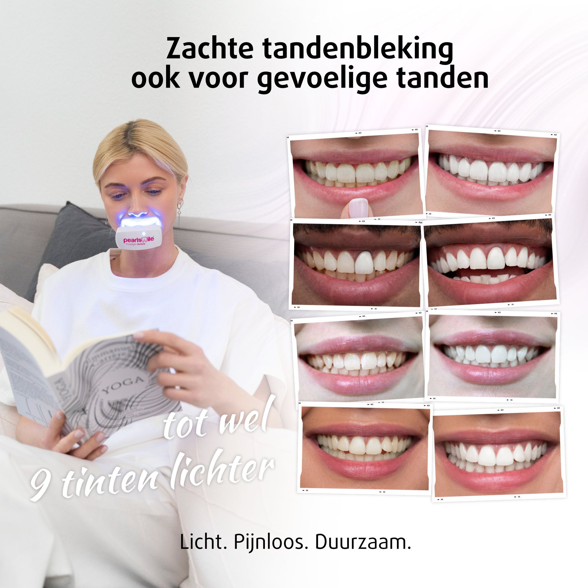 Vrouw met mondstuk leest boek. Verschillende tanden tonen voor- en na-effect. Tot 9 tinten lichter.