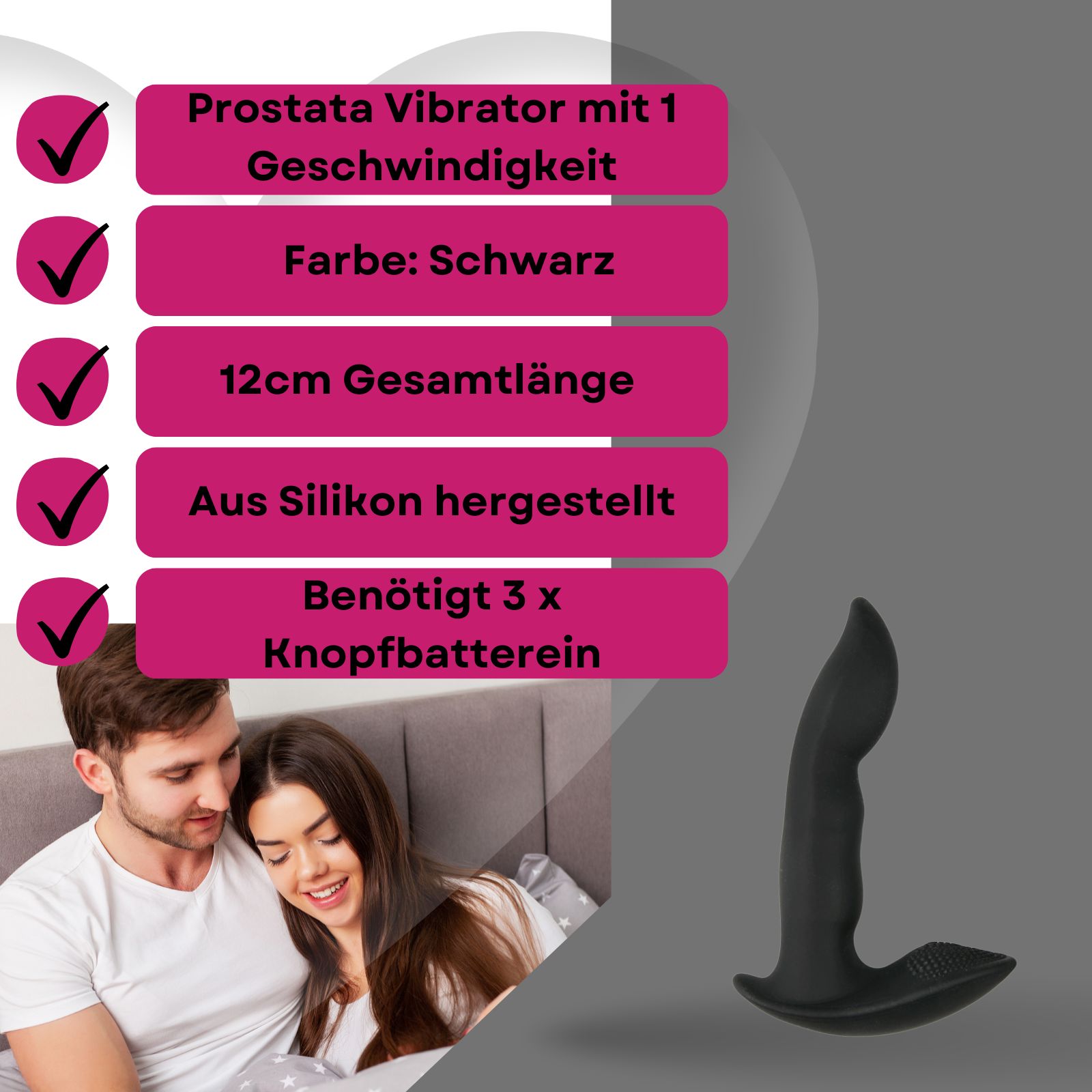 Produkt mit Text: Prostata Vibrator, Farbe Schwarz, 12cm, aus Silikon, benötigt Batterien. Paar im Bett.