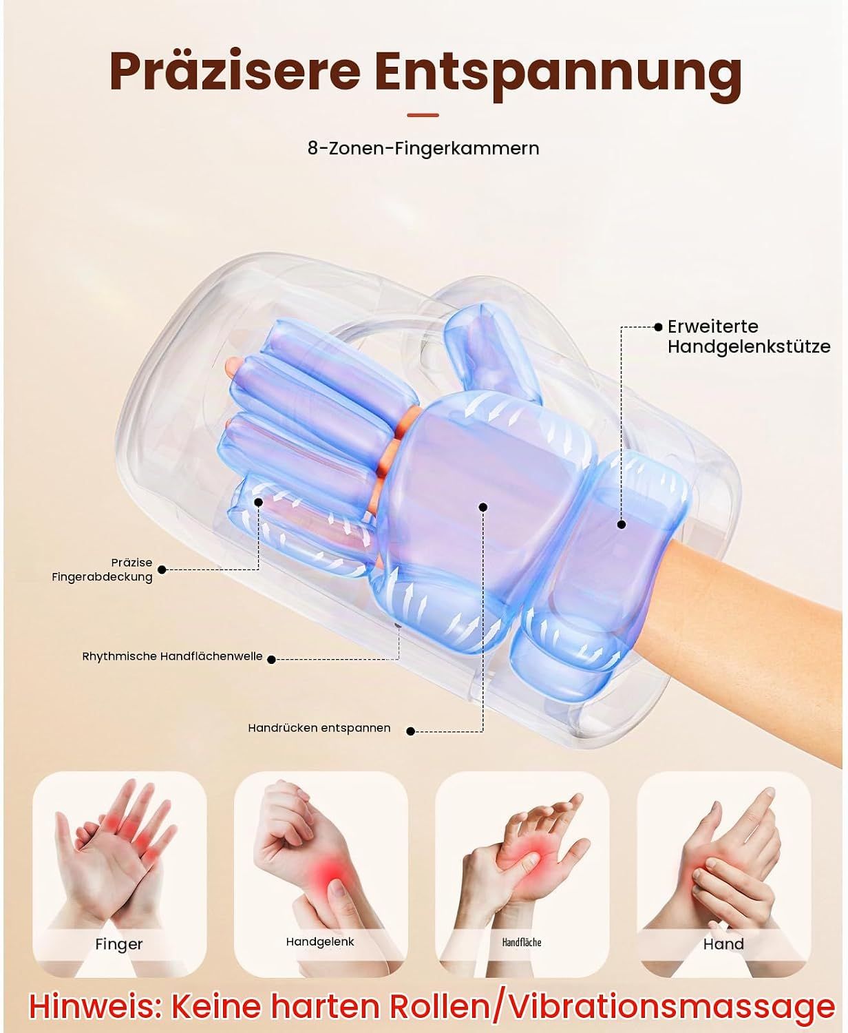 Handmassagegerät mit 8 Fingerkammern und erweiterter Handgelenkstütze.