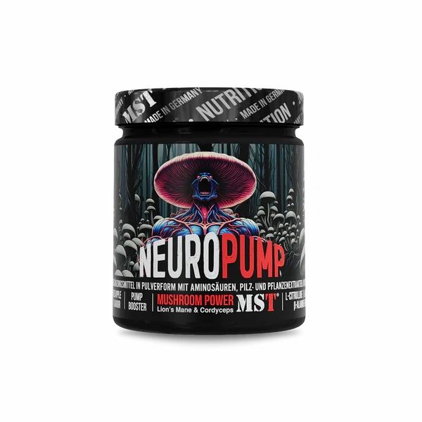 Schwarze Dose mit dem Aufdruck "NEUROPUMP". Enthält Aminosäuren, Pilze und Pflanzenextrakte. Marke MST. "Mushroom Power" und "Lion's Mane & Cordyceps" sind angegeben.