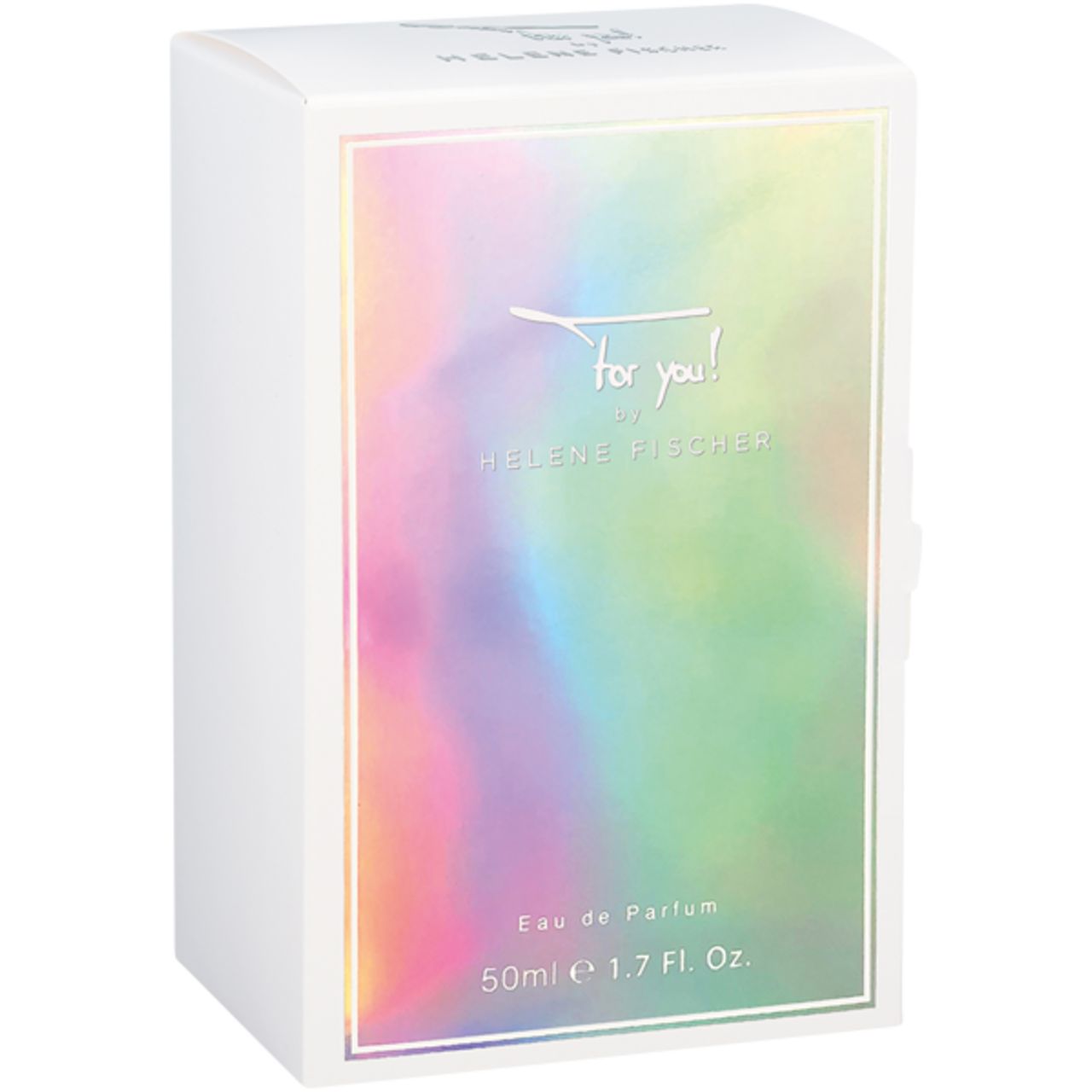 Weiße Verpackung mit farbigem Design. Auf der Verpackung steht "for you!" und "Eau de Parfum".