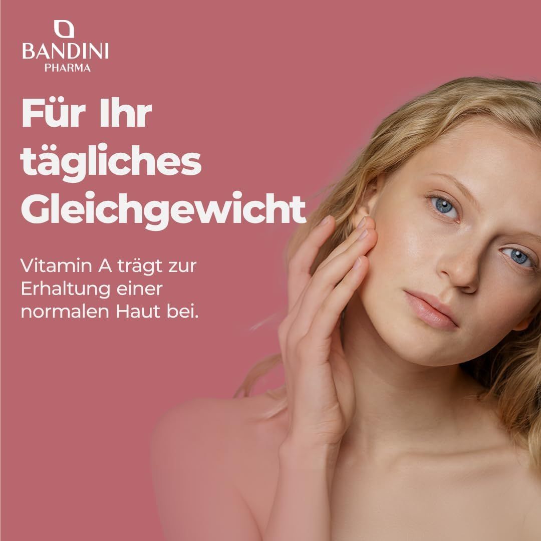 Frau berührt Gesicht. Text: Vitamin A trägt zur Erhaltung einer normalen Haut bei.