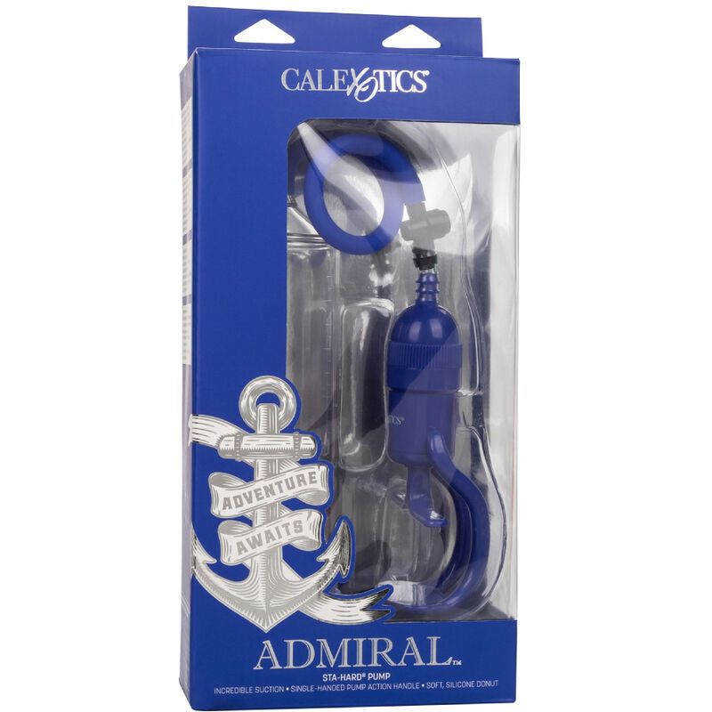 Verpackung mit Pumpe. Blau und transparent. Marke CalExotics. Text: Admiral, Adventure Awaits.