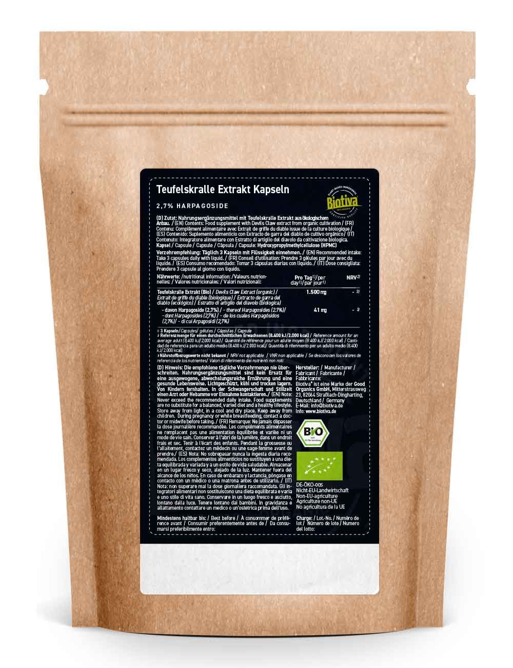 Rückseite der Tüte mit Produktinformationen. Text in Deutsch. Bio-Siegel. Enthält Nährwertangaben und Inhaltsstoffe.