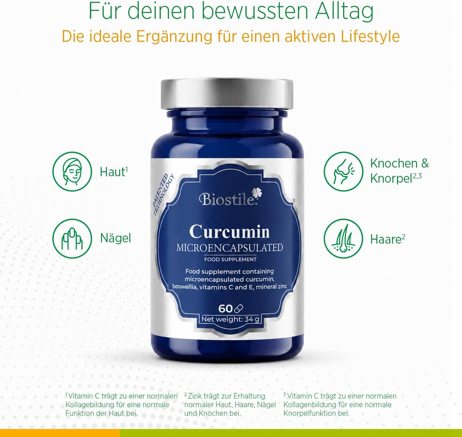Dunkelblaue Dose Biostile Curcumin Microencapsulated Food Supplement, 60 Kapseln.