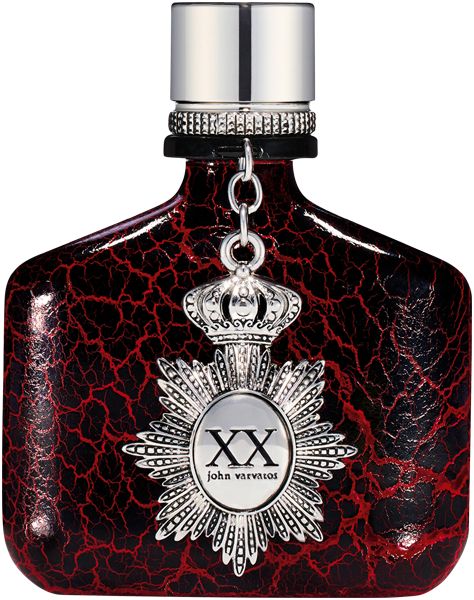 Dunkelrote Flasche mit silbernen Details. Silberner Verschluss. Anhänger mit Krone und XX-Logo. Text: John Varvatos.