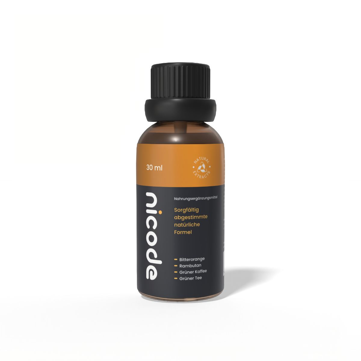 Braune Glasflasche mit schwarzem Deckel. Aufschrift: Nicode, 30 ml, sorgfältig abgestimmte natürliche Formel. Enthält Bitterorange, Rambutan, Grüner Kaffee, Grüner Tee.