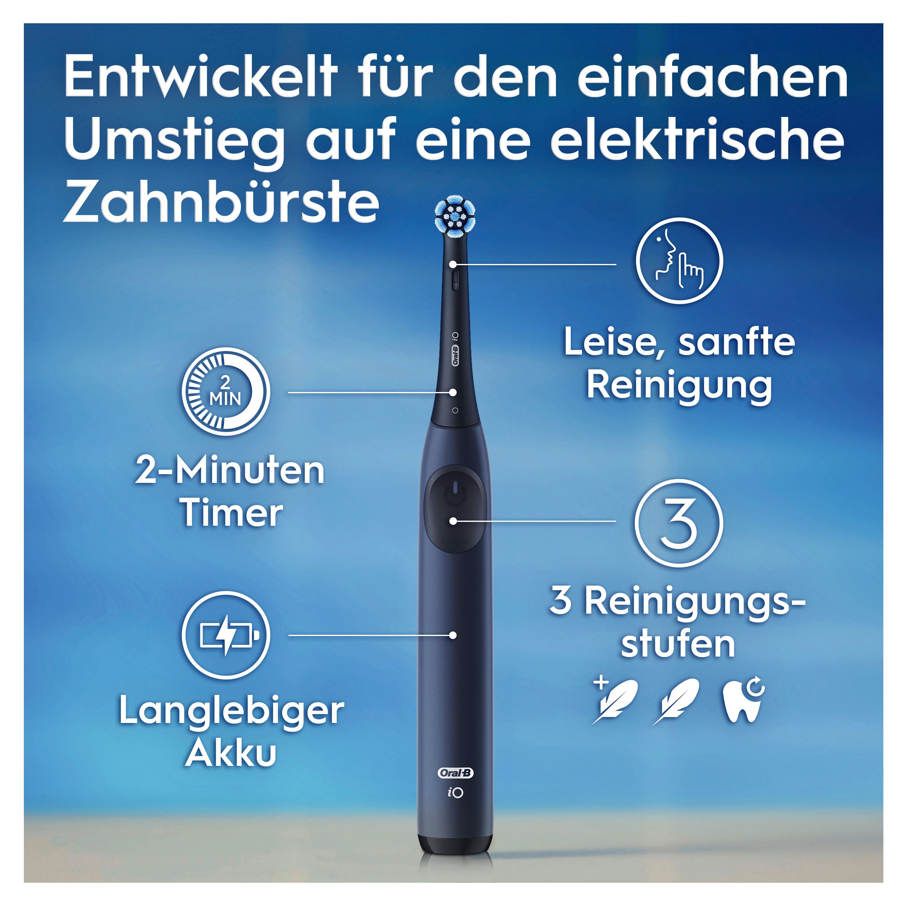 Elektrische Zahnbürste mit Funktionen. 2-Minuten-Timer, langlebiger Akku, 3 Reinigungsstufen. Text: Entwickelt für den einfachen Umstieg.
