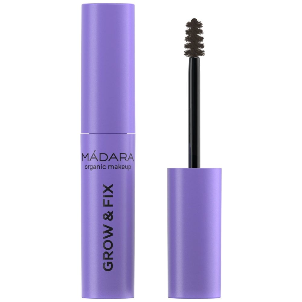 Lila Augenbrauengel mit schwarzer Bürste. Auf dem Behälter steht "MÁDARA organic makeup GROW & FIX".