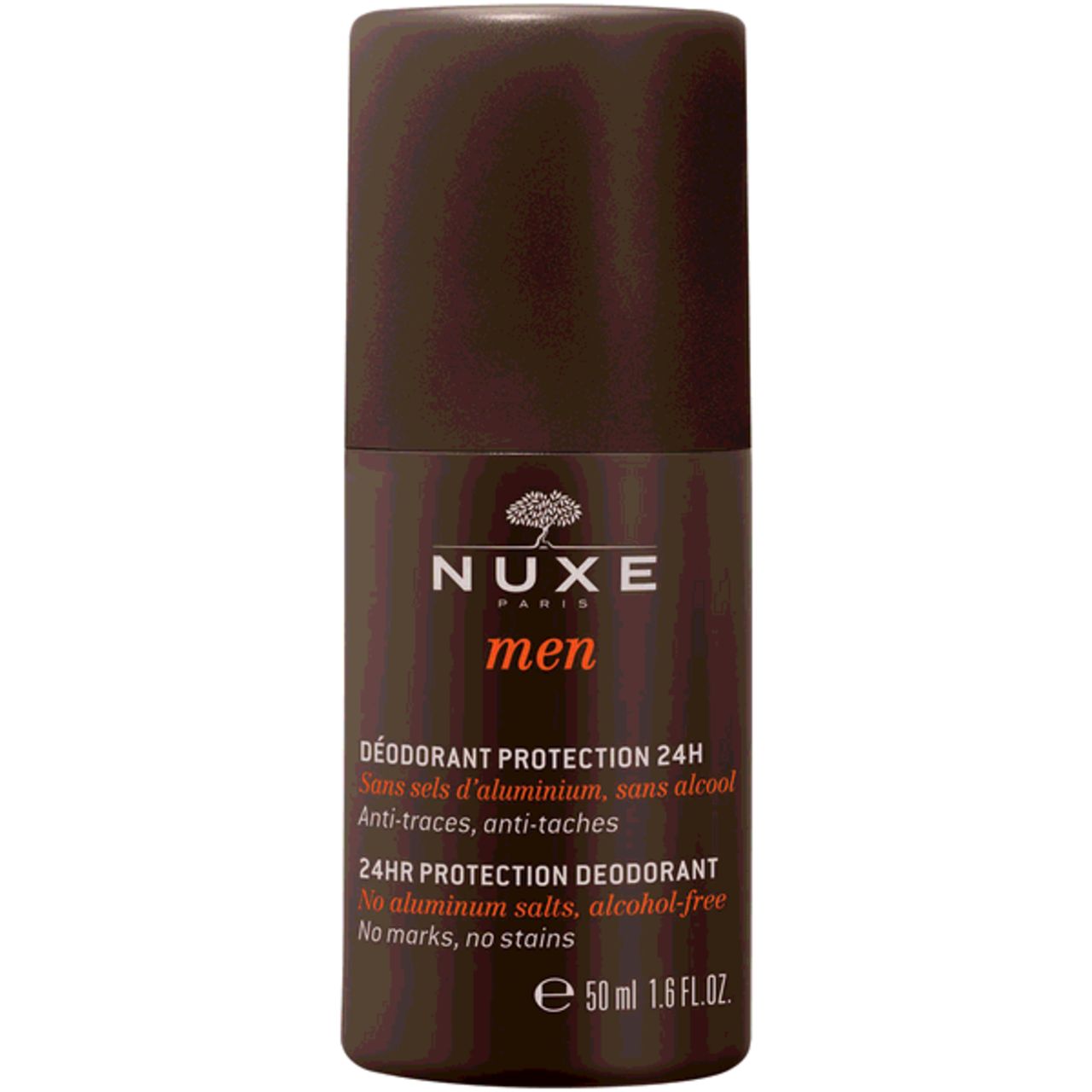 Braune Deodorant-Flasche mit Roll-on-Applikator. NUXE men Logo und Produktinformationen. 24H Schutz.