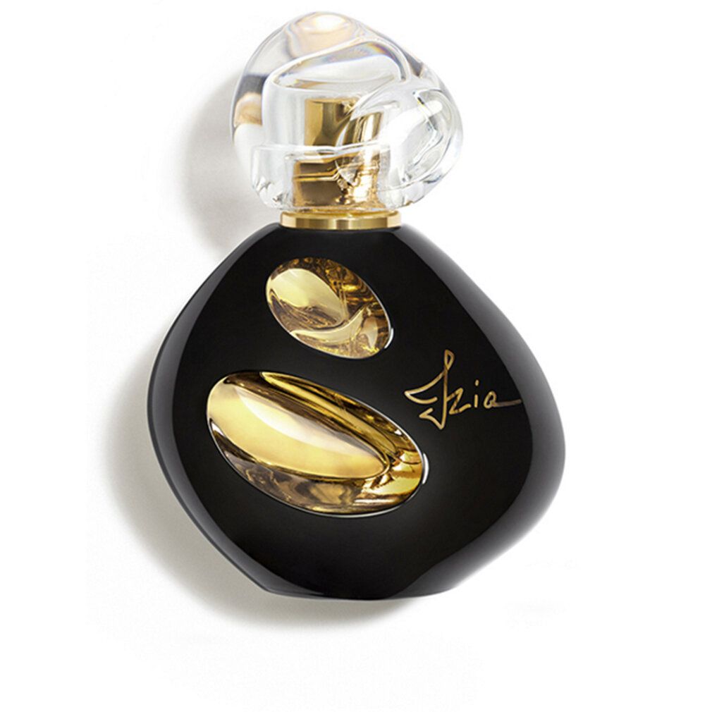 Schwarzer Flakon mit goldfarbenen Akzenten und transparentem Verschluss. Aufschrift Izia. Goldfarbene Details. Parfümflasche.