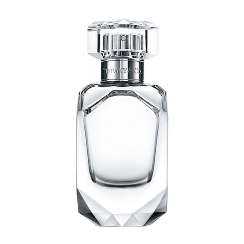 Parfumflakon mit silbernem Verschluss. Klarer Flakon mit Facettenschliff. Auf dem Verschluss steht "Tiffany & Co.".