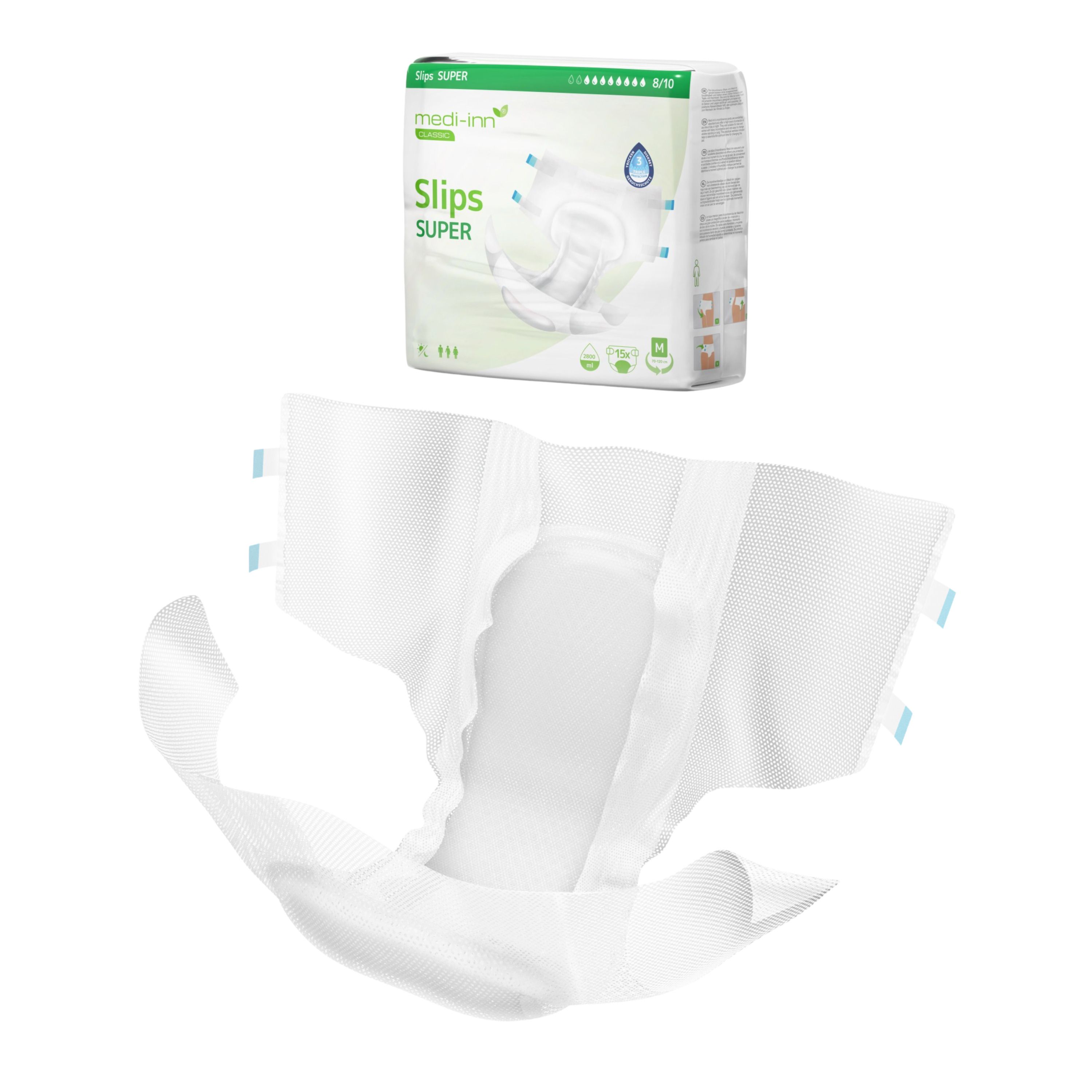 Inkontinenz-Slip und Verpackung. Verpackung: Medi-Inn Slips SUPER. Aufdruck: Slips SUPER, Größe M.