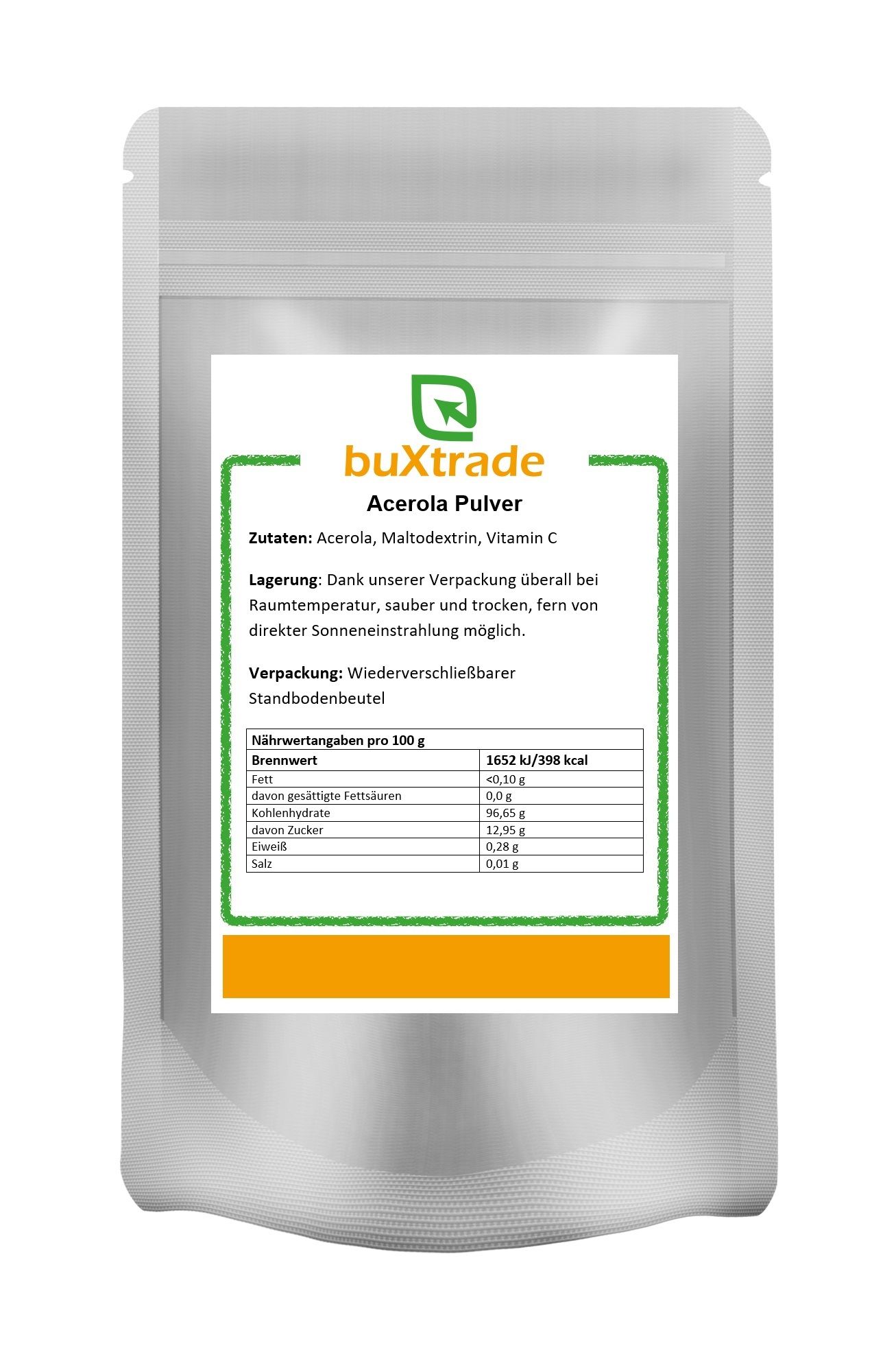 Beutel mit buXtrade Acerola Pulver. Etikett mit Zutaten und Nährwertangaben. Wiederverschließbar.