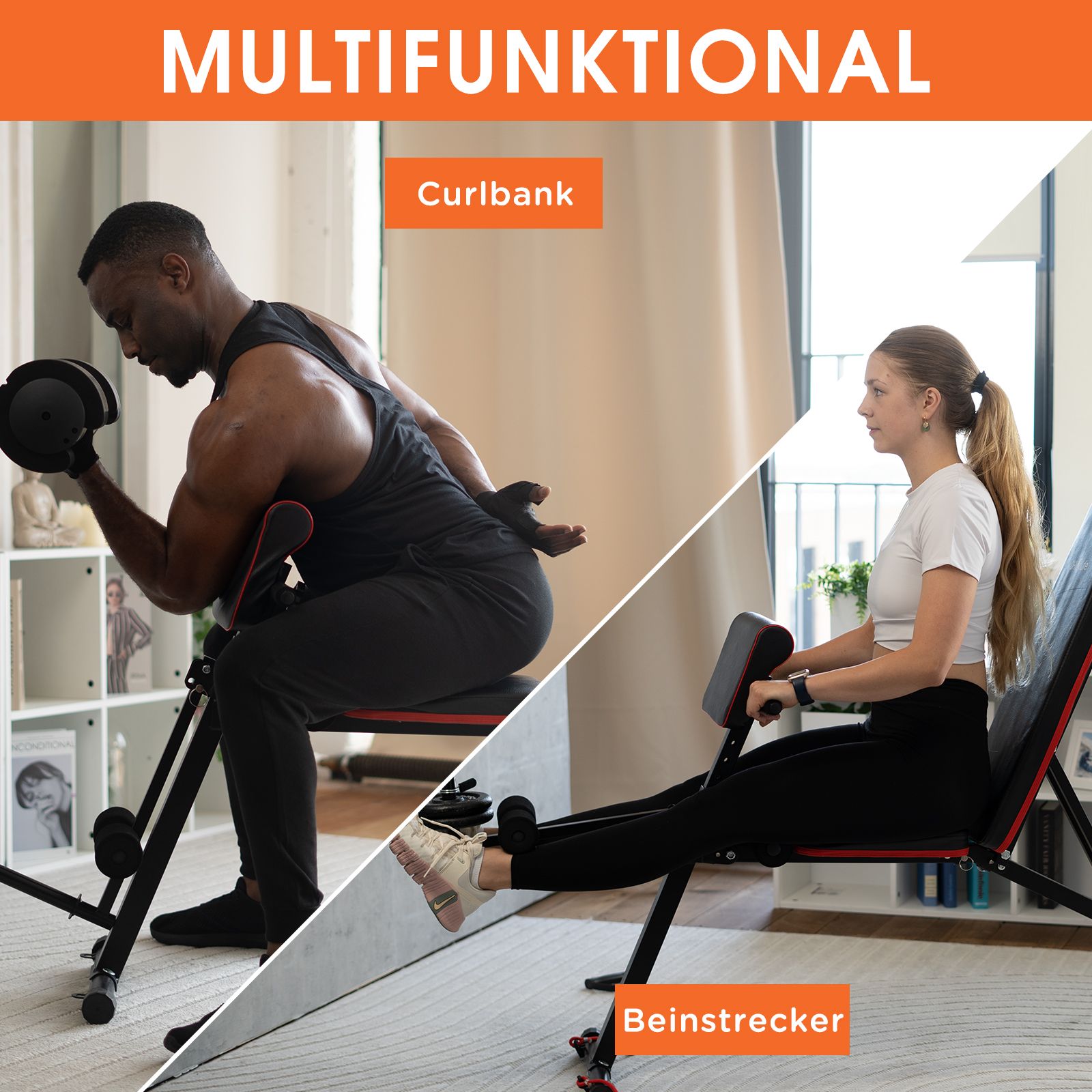 Zwei Personen trainieren auf Hantelbank. Schwarze Hantelbank mit roten Akzenten. Text: Multifunktional, Curlbank, Beinstrecker.