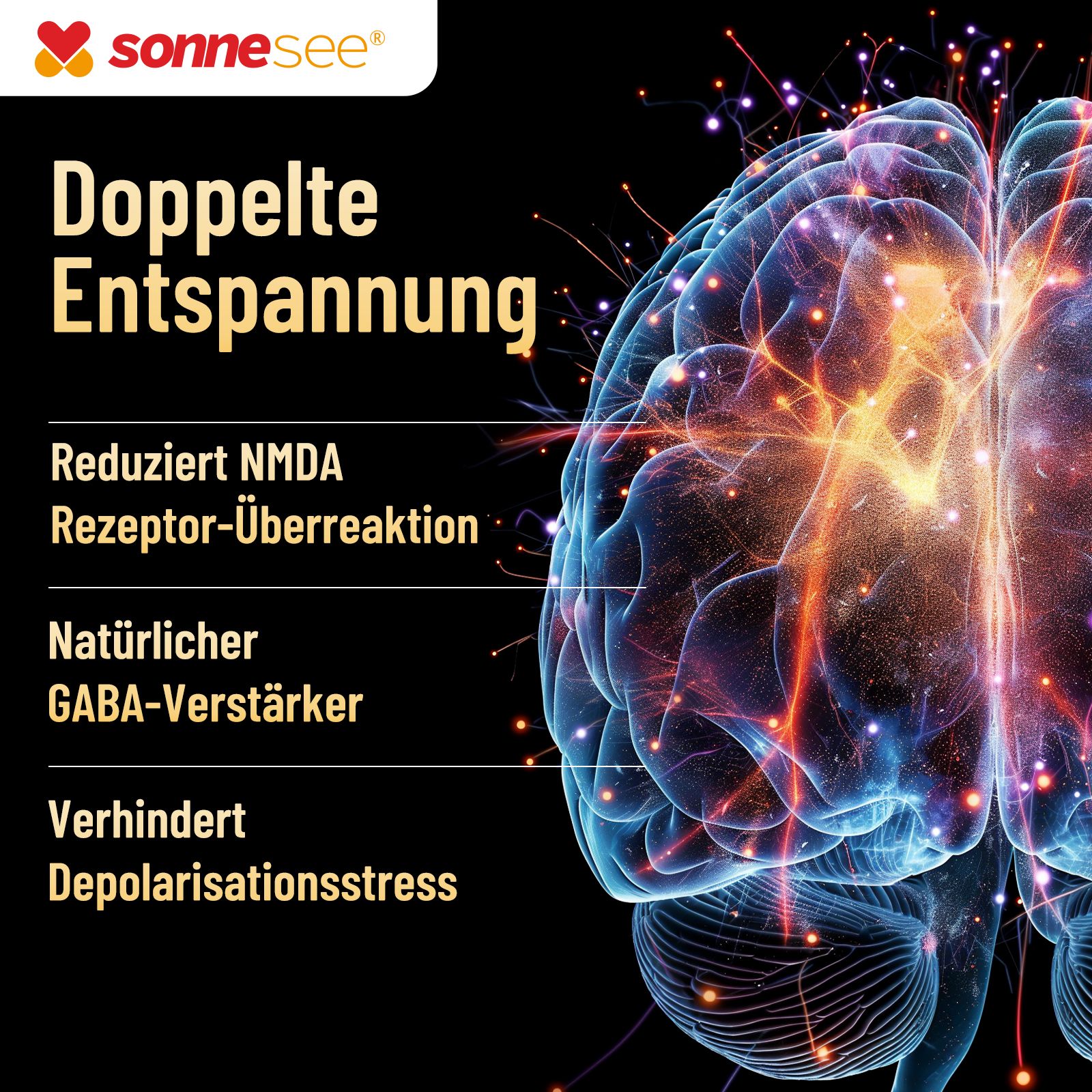 Abbildung eines Gehirns mit leuchtenden Nervenbahnen und Text über doppelte Entspannung.