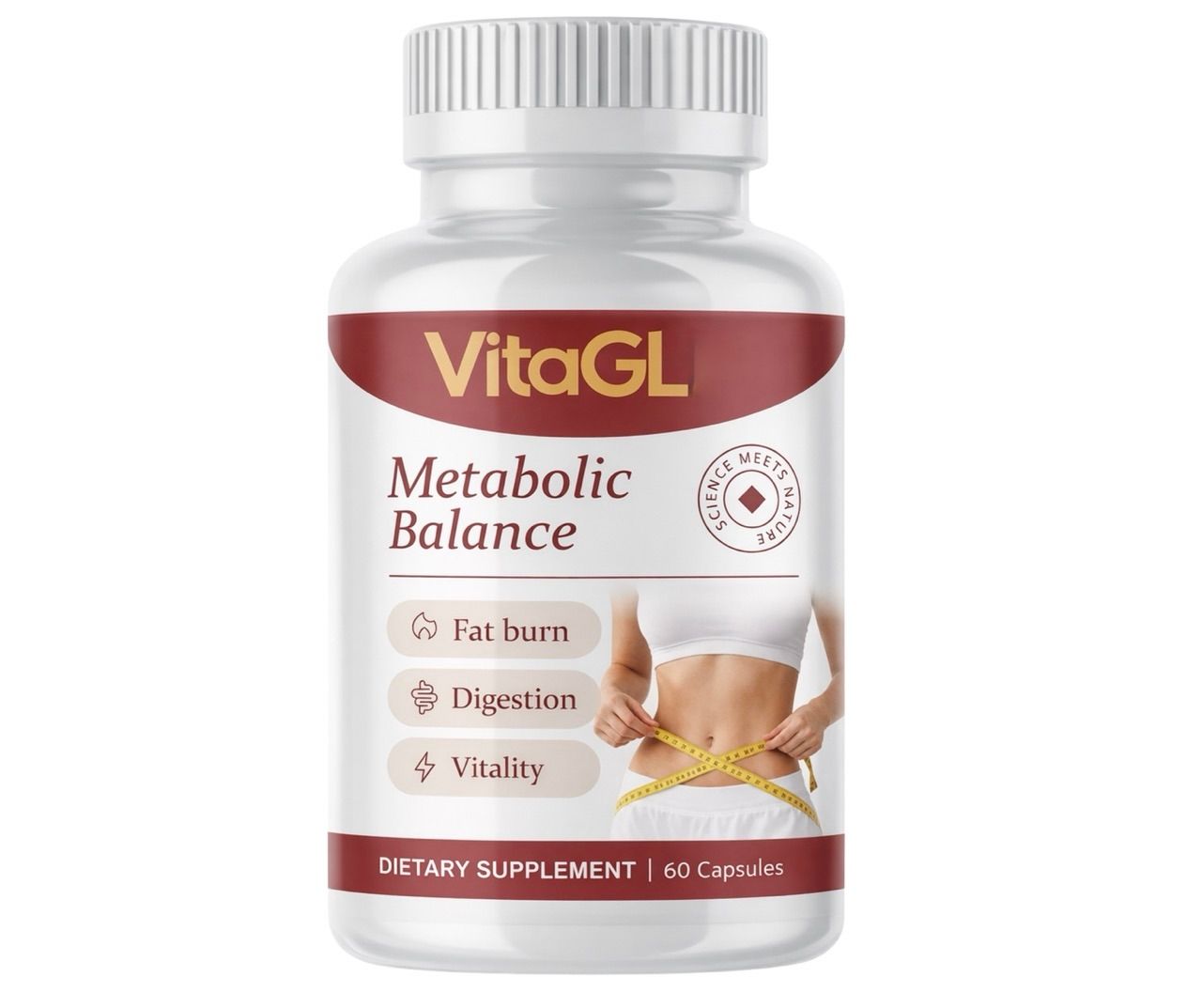 VitaGL Metabolic Balance Kapselbehälter mit 60 Kapseln. Beschriftung: Fat burn, Digestion, Vitality.