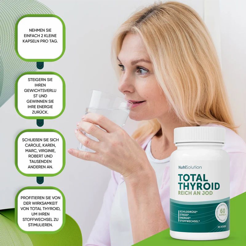 Frau trinkt Wasser neben Flasche Total Thyroid. Text: 2 Kapseln täglich. Gewichtsverlust, Energie. NutriSolution Total Thyroid.