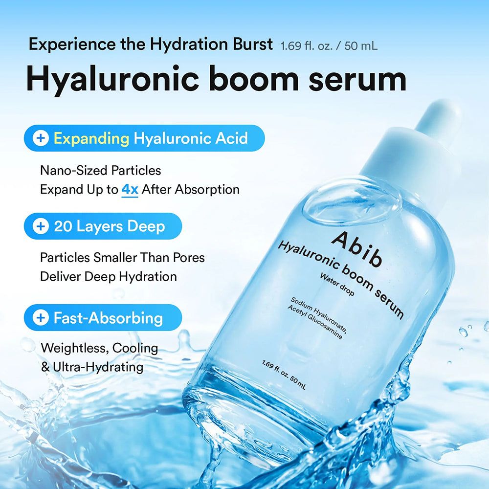 Abib Hyaluronic boom serum Flasche mit 50 ml Inhalt, mit Text über feuchtigkeitsspendende Eigenschaften.