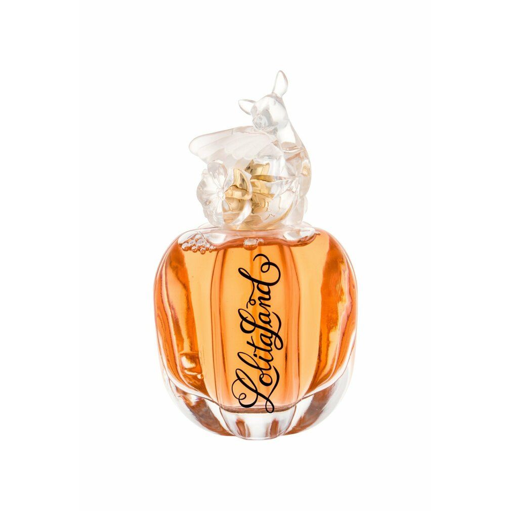Lolita Lempicka Lolitaland Eau De Parfum Spray. Flakon mit bernsteinfarbener Flüssigkeit. Dekorative Kappe mit Reh-Figur. Text: Lolitaland.