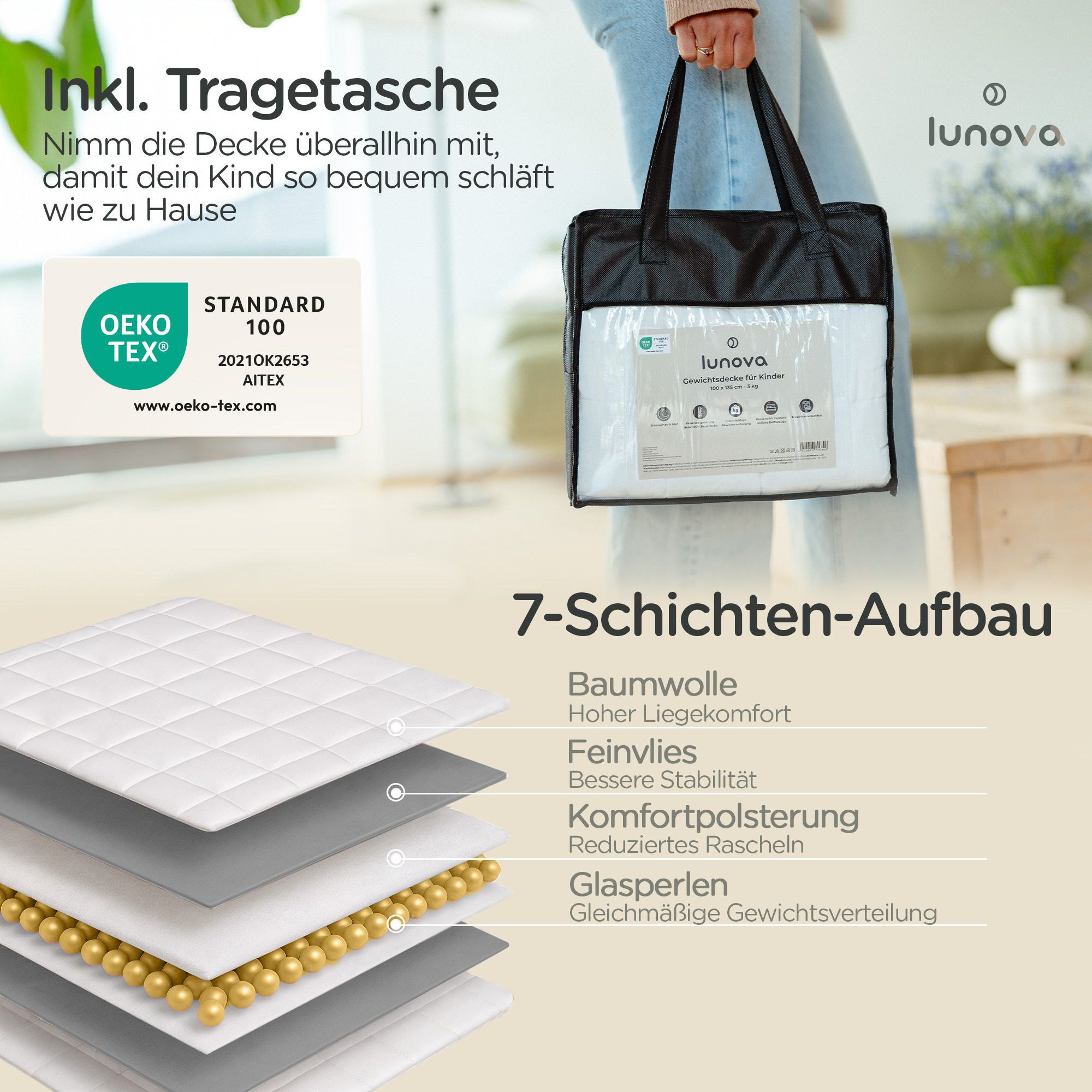 LUNOVA Gewichtsdecke Kinder 2kg 90x120cm - Oekotex-Baumwolle Waschbar Therapiedecke WeightedBlanket