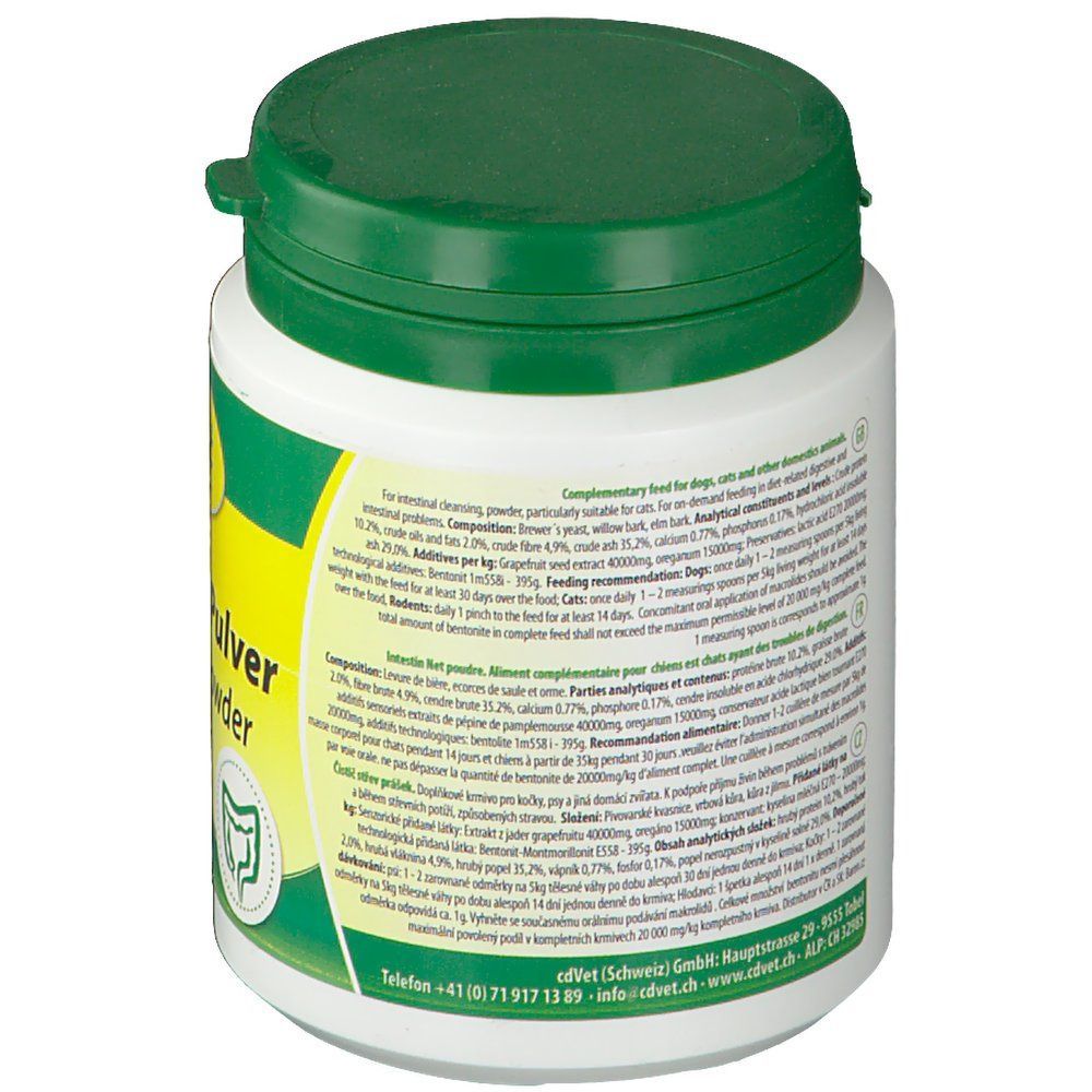 Weiße Dose mit grünem Deckel. Beschriftung mit Produktinformationen und Inhaltsstoffen. Text in mehreren Sprachen.