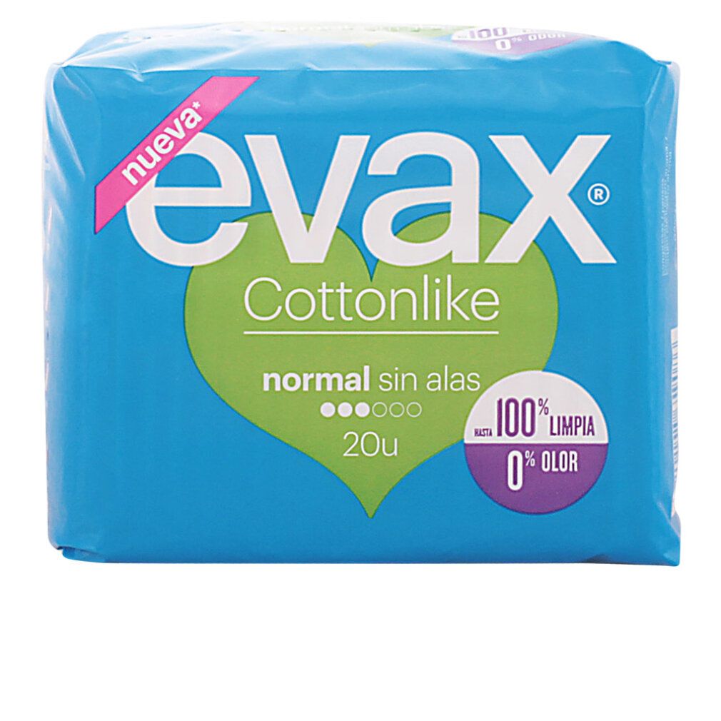Blaues Paket mit Damenbinden. Aufschrift: Evax Cottonlike Normal, 20 Stück, 100% sauber, 0% Geruch.