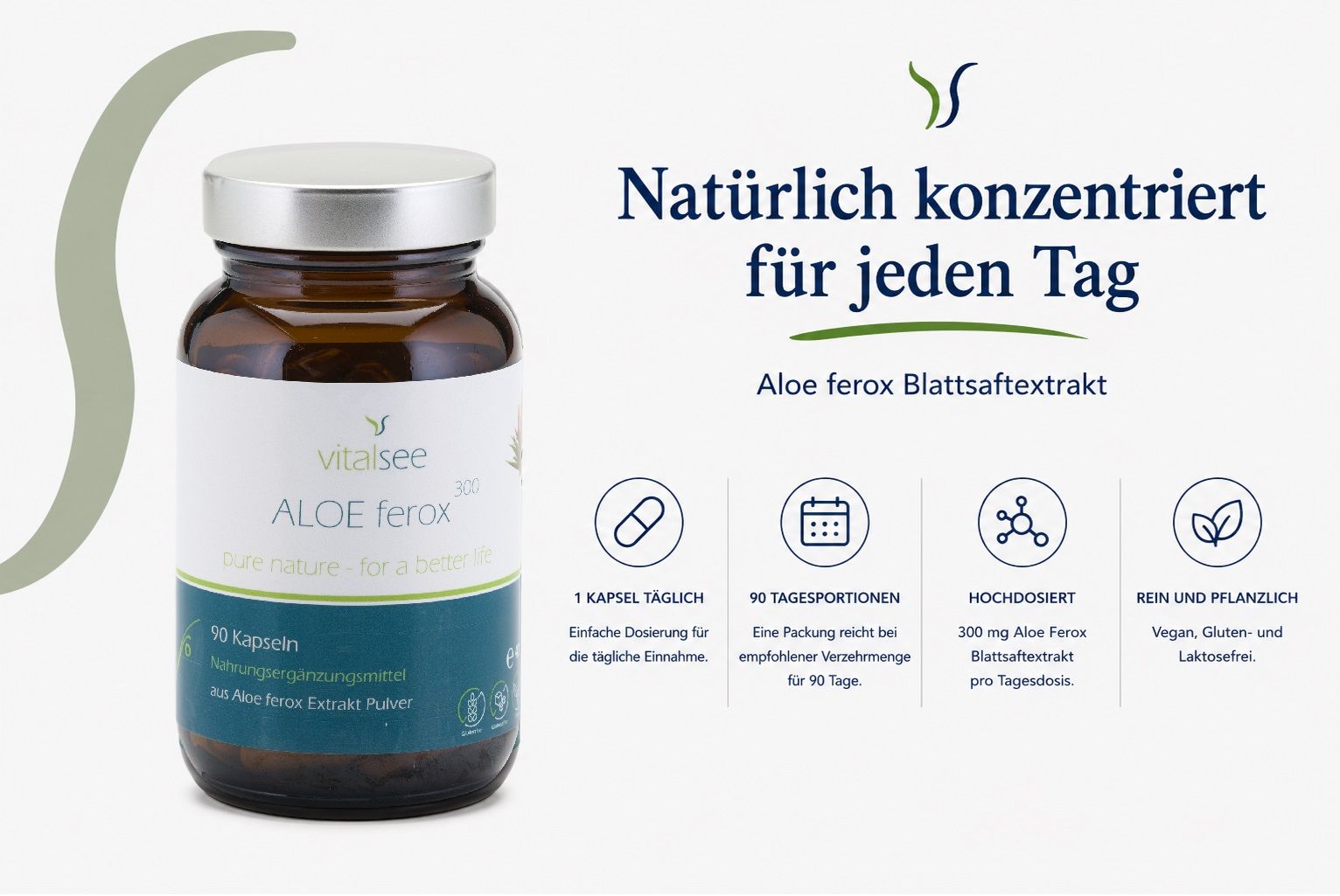 Braune Glasflasche mit 90 Kapseln Aloe ferox Blattsaftextrakt. Silberner Deckel. Etikett mit Vitalsee Logo.