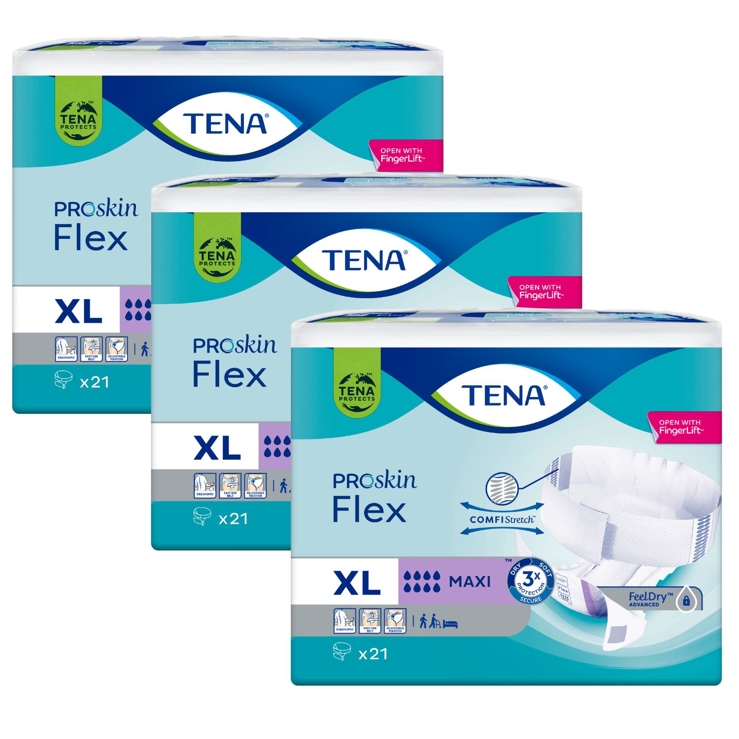 Drei Packungen TENA ProSkin Flex Maxi, XL, x21. Verpackung mit Produktabbildung und Produktinformationen.