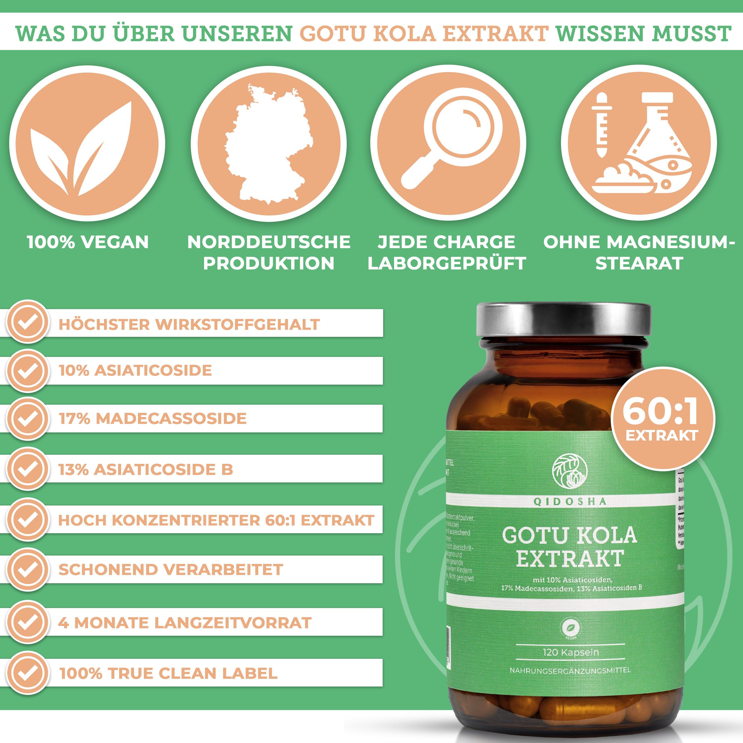 QIDOSHA Gotu Kola Extrakt (Indischer Wassernabel) mit 10% Asiaticosiden